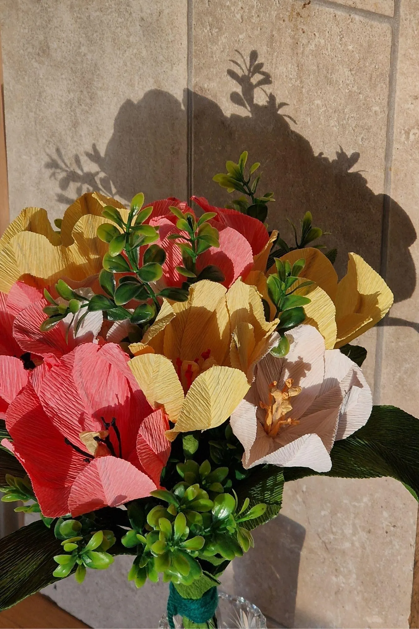 side view orange peach yellow tulip bridal bouquet handmade