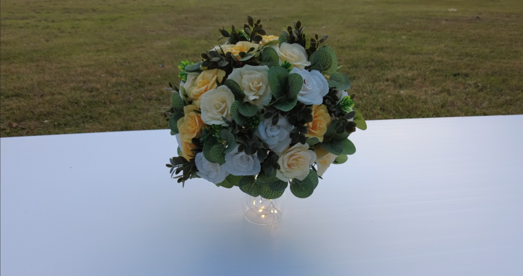 Handmade White & Yellow Rose Bouquet in LED Glass Vase