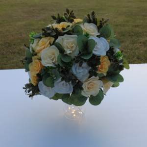 Handmade White & Yellow Rose Bouquet in LED Glass Vase