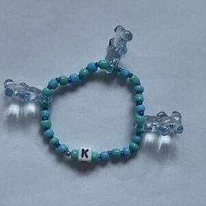 Handmade Personalized Blue Beaded Bracelet with Initial & Teddy Bear Charms