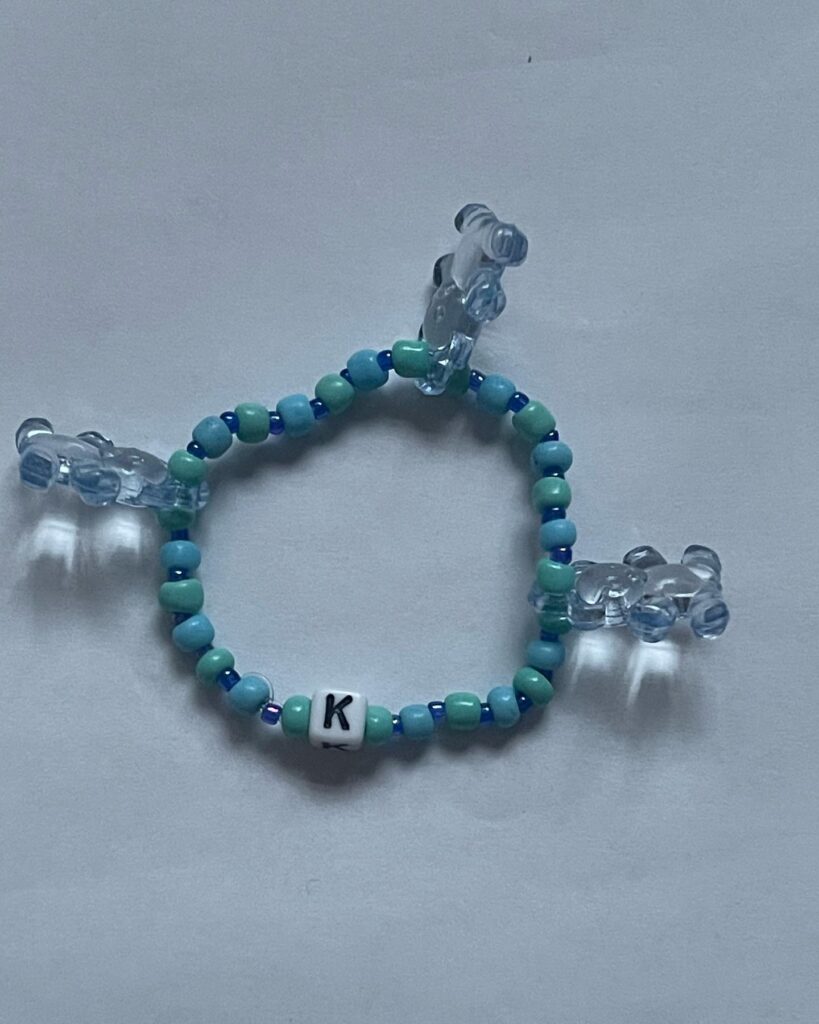 Handmade Personalized Blue Beaded Bracelet with Initial & Teddy Bear Charms