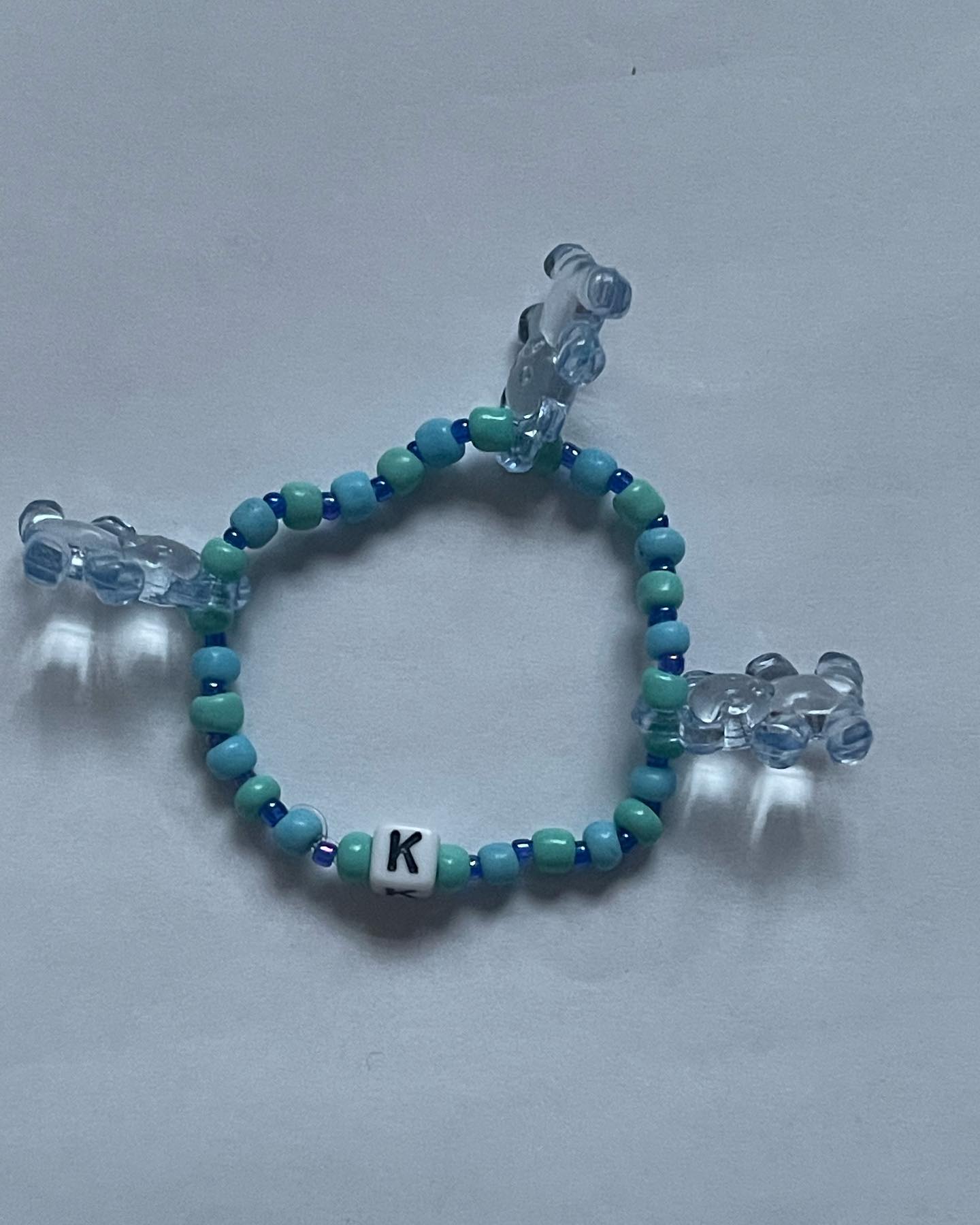 Handmade Personalized Blue Beaded Bracelet with Initial & Teddy Bear Charms