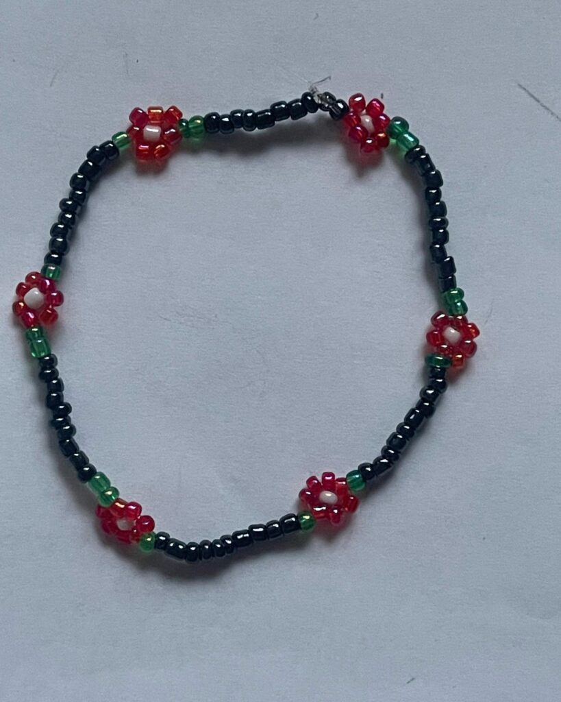 Handmade Beaded Bracelet with Red Flowers
