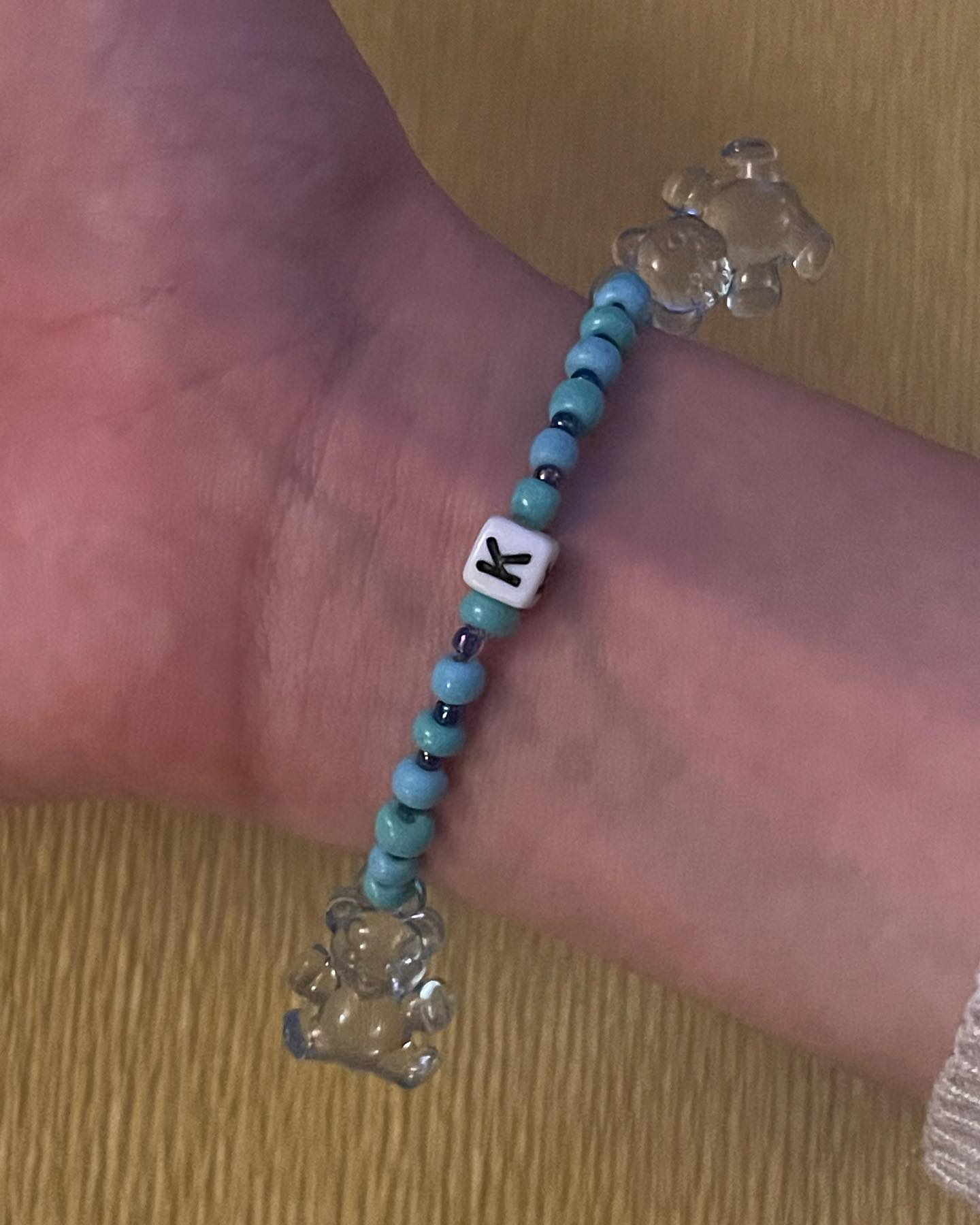 Handmade Personalized Blue Beaded Bracelet with Initial & Teddy Bear Charms - Image 3