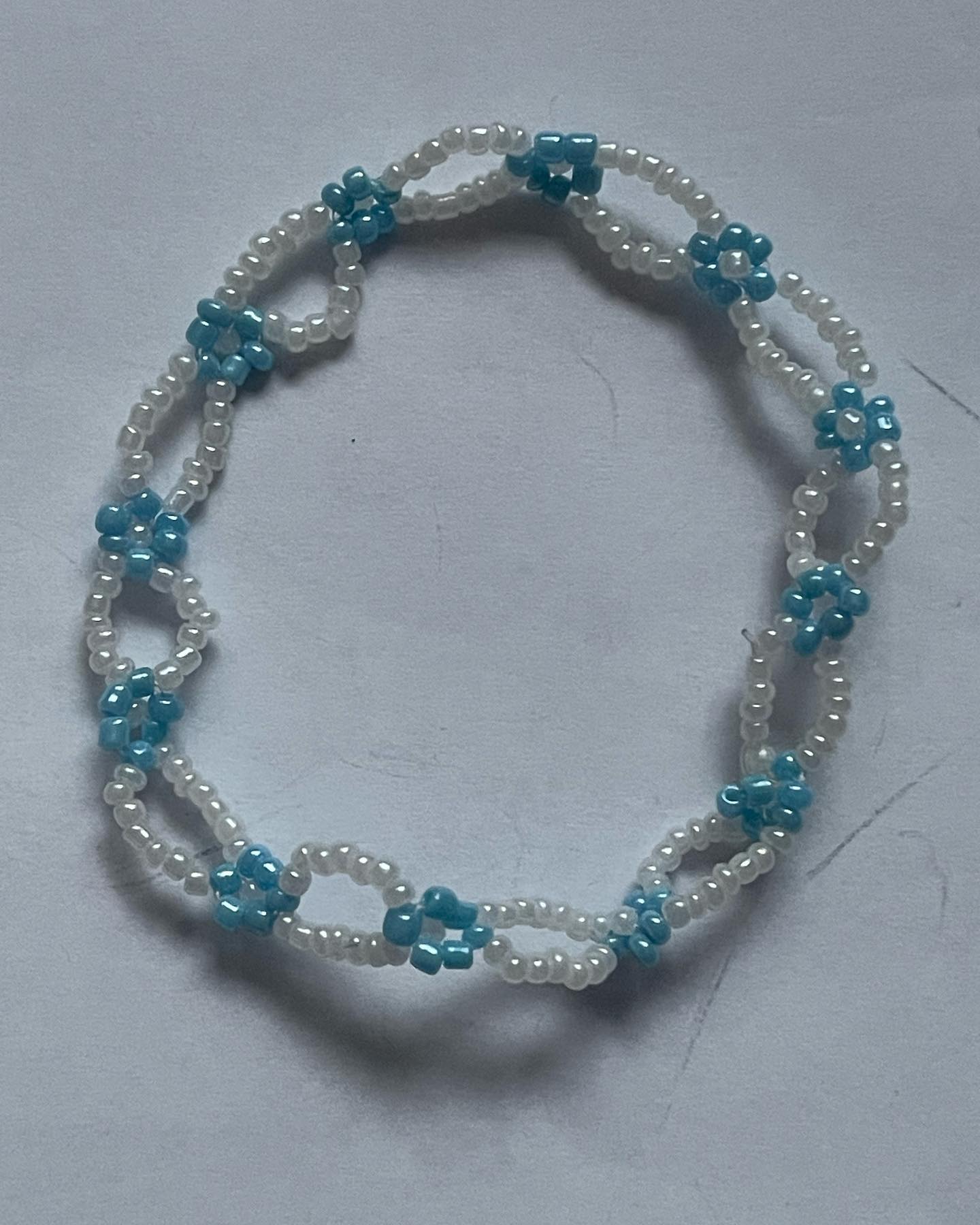 Handmade White & Blue Daisy Beaded Bracelet