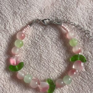 Pink & Green Flower Beaded Bracelet – Handmade Floral Jewellery