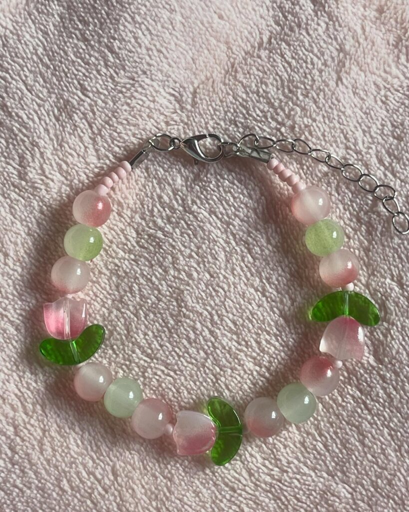 Pink & Green Flower Beaded Bracelet – Handmade Floral Jewellery