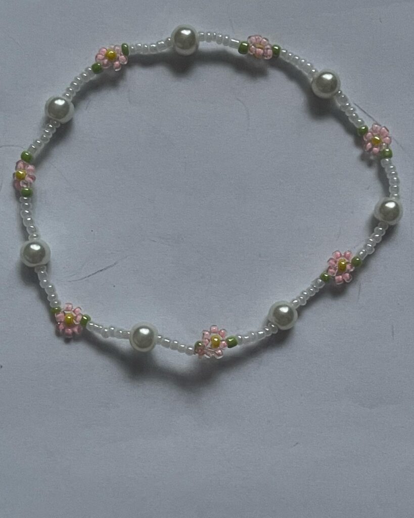 Pink Flower & Pearl Beaded Bracelet – Handmade Floral Jewellery