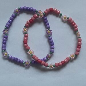 Pink & Lavender Daisy Handmade Beaded Bracelet 2 matching bracelets